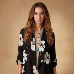 Y2K Women's Kimono Top 2XL Black Floral Open Whimsigoth Romantic Boho Chic Mod